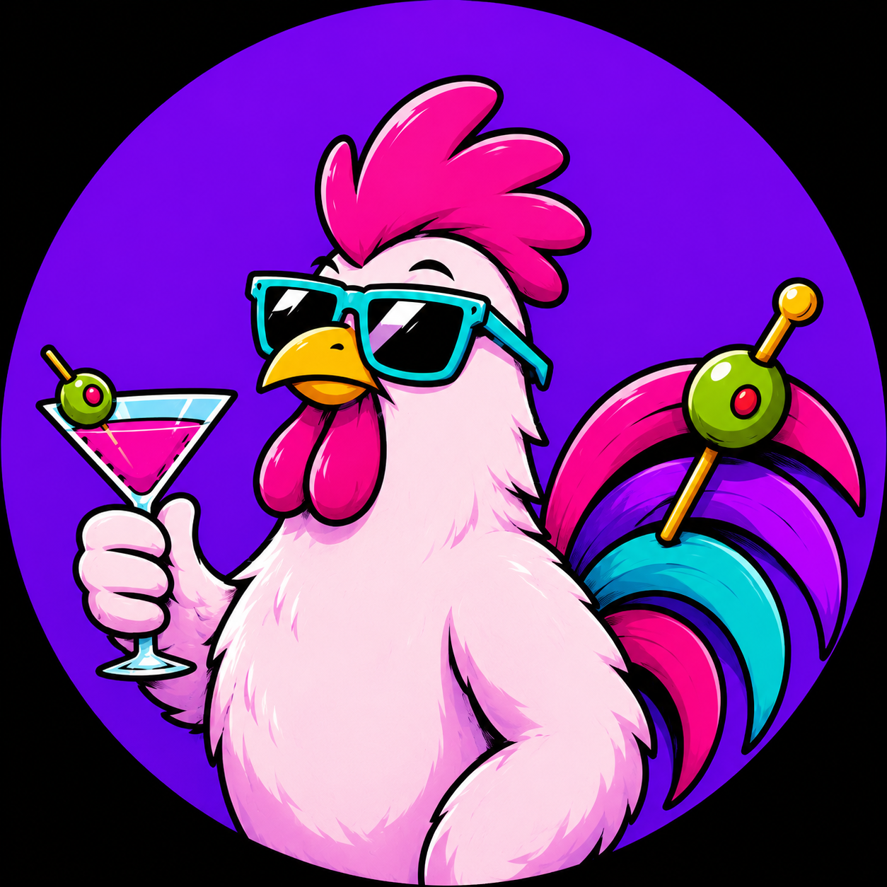 Cocktail rooster mascot holding a martini