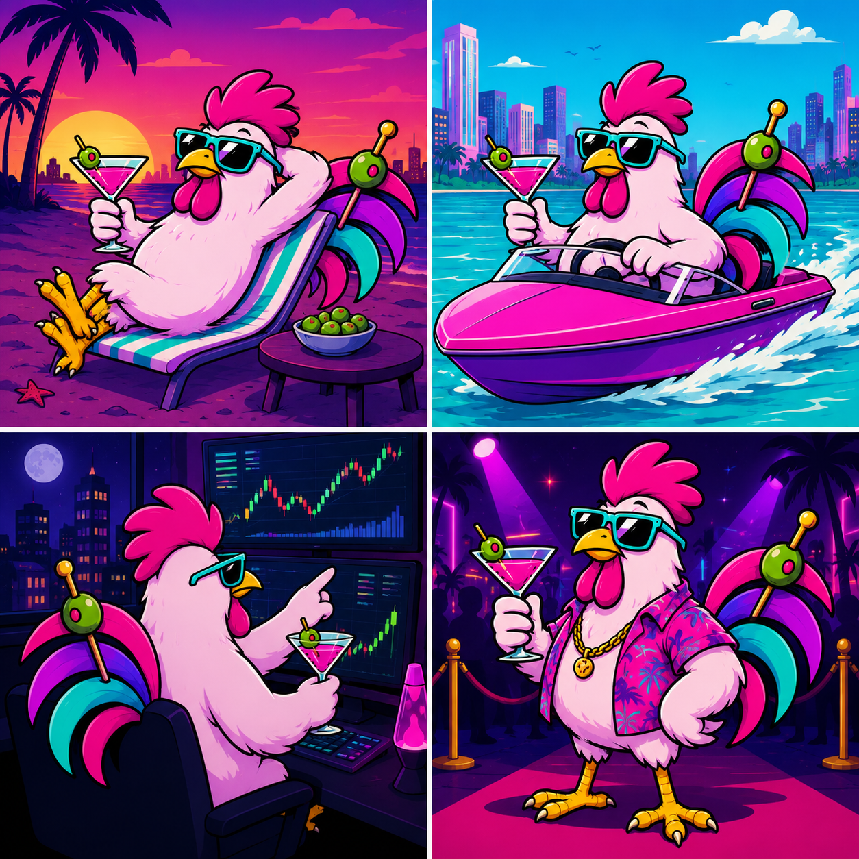 Cocktail mascot in four neon Miami scenes